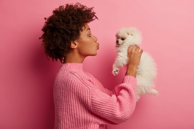 아프리카 계 미국인 여자는 품종 개를 키스하고, 손에 들고, 니트 스웨터를 입고, 분홍색 배경에 포즈를 취합니다.