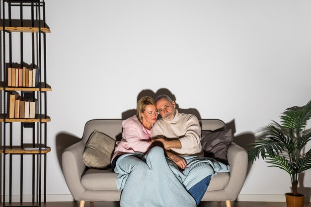 高齢者の男性が女性と手を繋いでいるとソファの上にテレビを見て