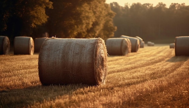 Foto gratuita agricoltura balle in un prato natura raccolto d'oro sotto il tramonto generato da intelligenza artificiale