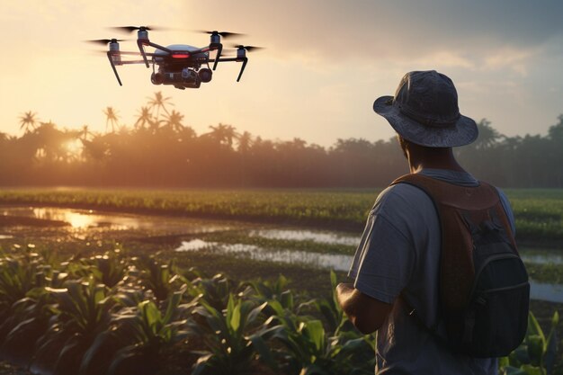 Сельское хозяйство Человек, работающий на плантации с дроном на заднем плане заката