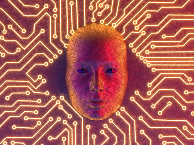 로봇 얼굴이 있는 AI 클라우드 개념
