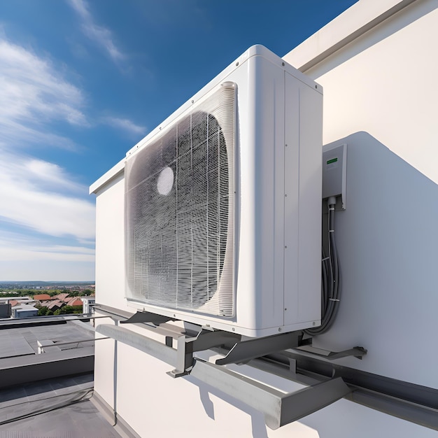 Free photo air conditioner on the roof of a modern house with blue sky