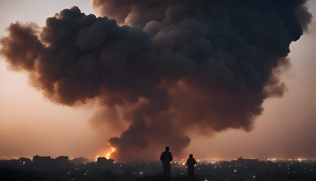 Free photo air pollution in the city a man and a woman look at the smoke from a burning building