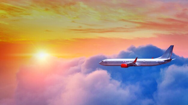 Airplane flying above clouds in sunset light