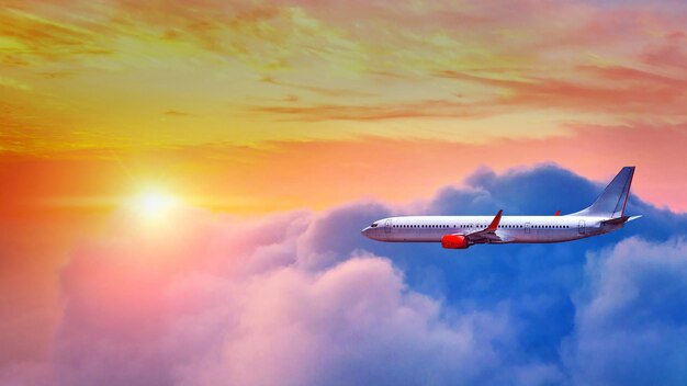 Самолет летит над облаками в свете заката