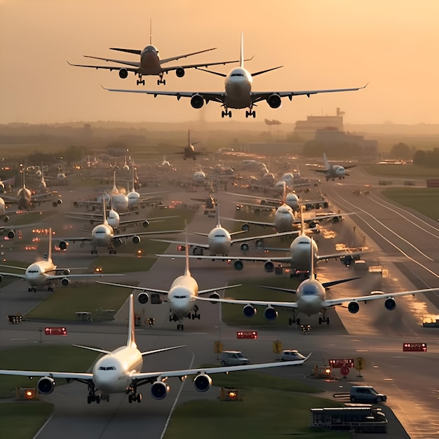 Бесплатное фото Самолеты в аэропорту при заходе солнца 3d render иллюстрация