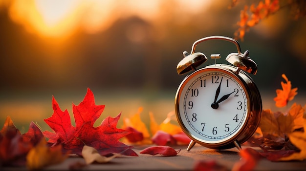 Free photo alarm clock set against a backdrop of fall leaves