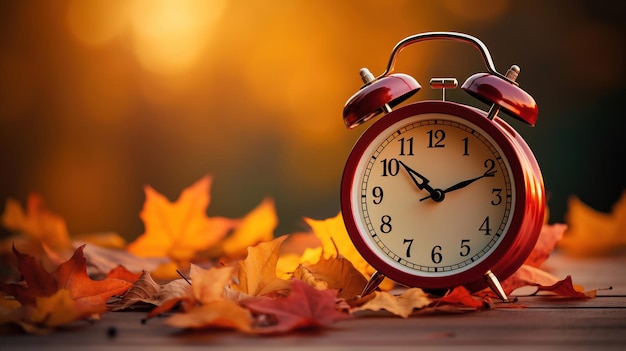 Free photo alarm clock set against a backdrop of fall leaves