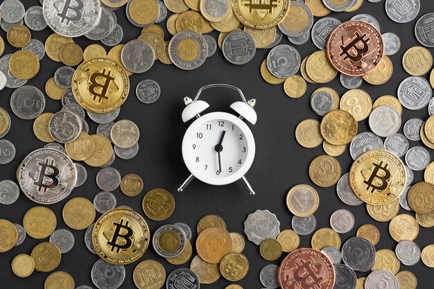 Alarm clock surrounded by currency