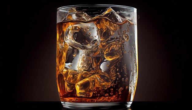 氷の上でウィスキー グラスにアルコールが滴り落ちる生成 AI