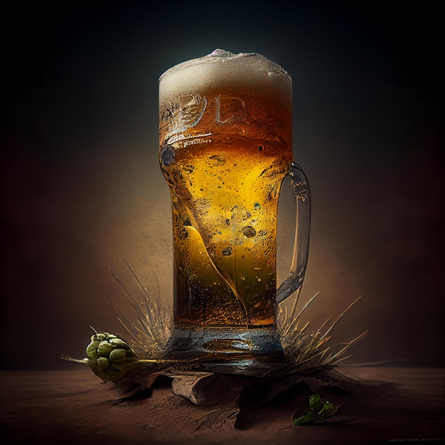 Alcohol drop in frothy beer mug close up generative AI