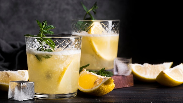 Alcoholic beverage cocktail with slices of lemon