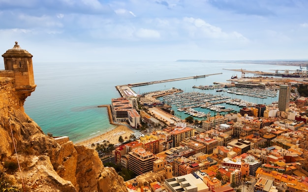 Free photo alicante with docked yachts from castle. spain