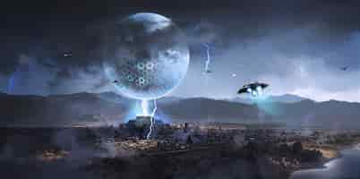 Free photo alien spacecraft appeared over ancient cities,science fiction illustration.