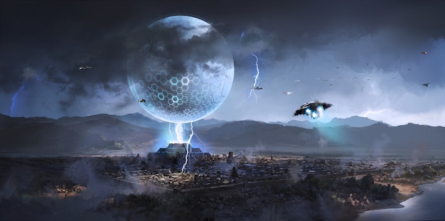エイリアンの宇宙船が古代都市に登場、サイエンスフィクションのイラスト。