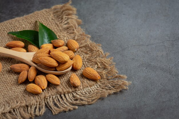 Almonds in bowl on dark background