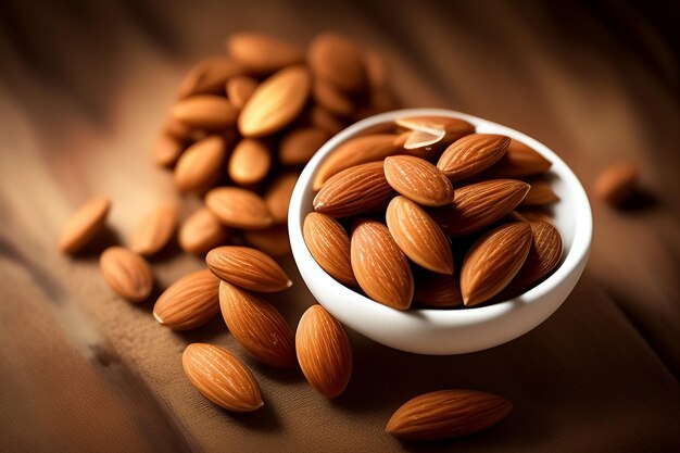 Almonds in a bowl on a wooden table