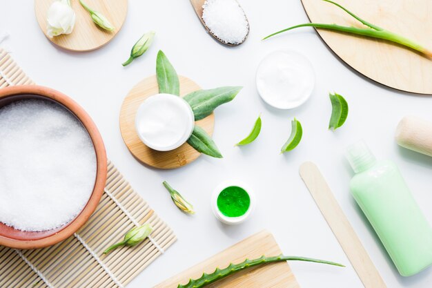 aloe vera leaves with a beauty cream bottle