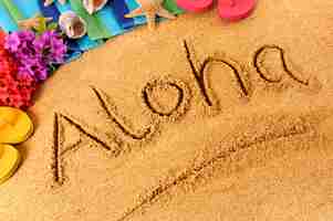 Free photo aloha written in sand