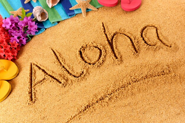 Aloha written in sand