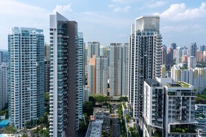 고층 빌딩이 많은 싱가포르 도시의 놀라운 공중 촬영