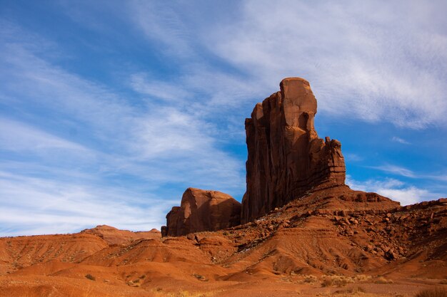 Amazing low angle shot of a rock mountain in Monument Valley Navajo Tribal Park