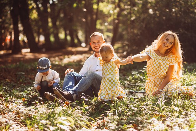 Amazing parents have fun with their two resting on a green lawn in park 