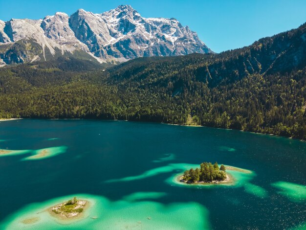 Amazingly beautiful aerial view of the Eibsee in Germany.