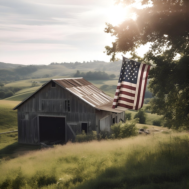 American flag flying from an old barn in the middle of a meadow