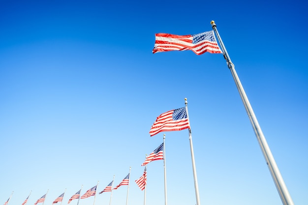 American flags on flagpoles on blue sky