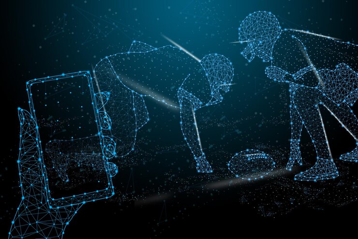 Free Photo american football ball made of illuminated shapes. illustration consisting glowing lines, points and polygons in the form of a ball the sport of rugby. abstract 3d neon wireframe concept.