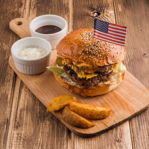 American hamburger with sauces