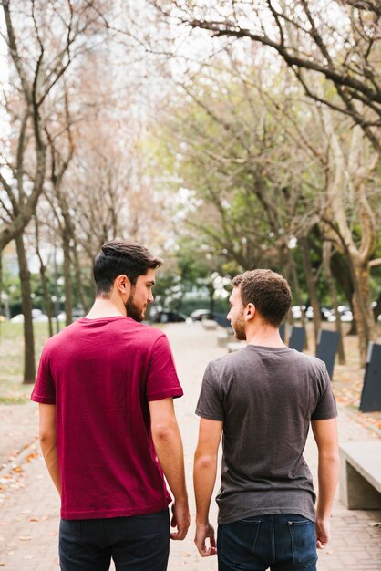 Amorous gay couple standing on track in park