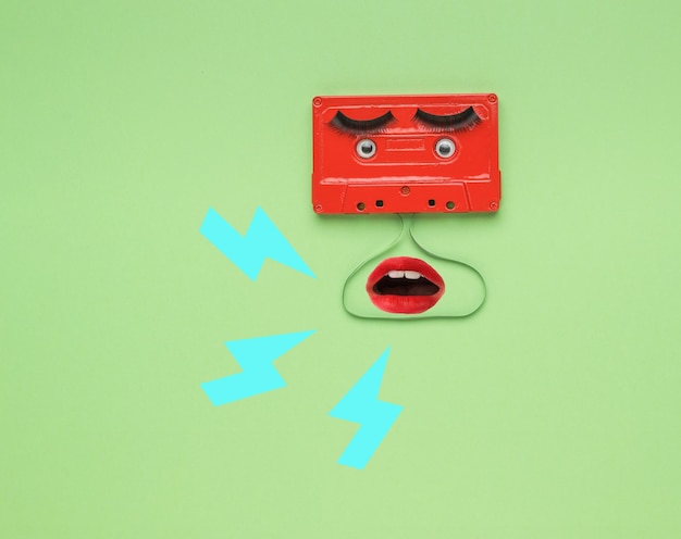 Изображение магнитофона и кричащего женского рта на светлом фоне. креативный образ. концепция аналоговой звукозаписи. плоская укладка.