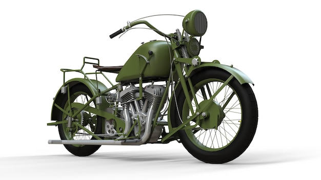 흰색 배경에 20세기 30년대의 오래된 녹색 오토바이