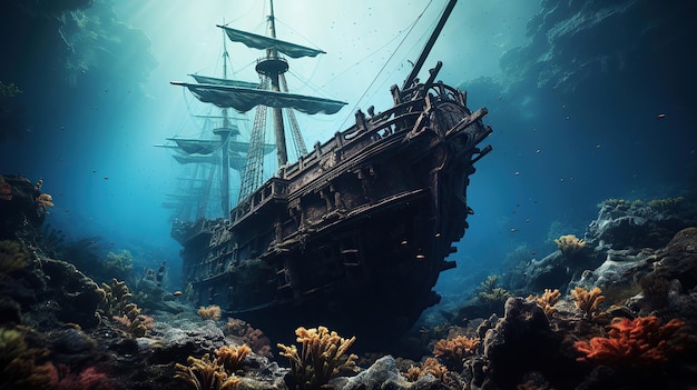 Бесплатное фото Старый корабль отдыхает на дне моря.