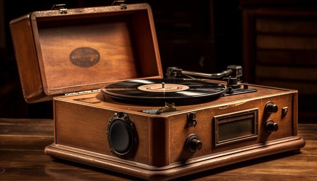 Analog gramophone turning on antique wooden table generated by AI