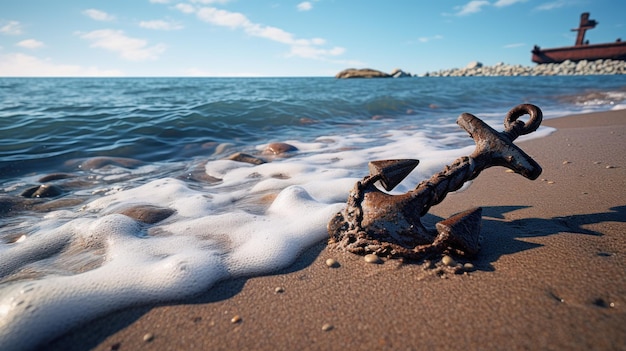 Бесплатное фото Якорь покоится на песчаном пляже, а волны мягко бьют по берегу.
