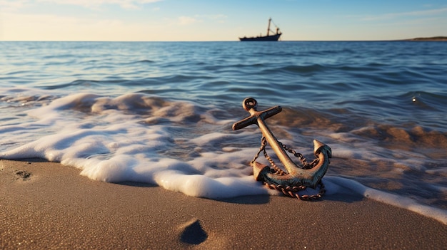 Free photo anchor rests on sandy beach with waves gently lapping at the shore