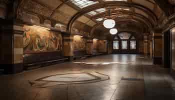 Бесплатное фото Древние арки освещают подземный коридор собора, сгенерированный искусственным интеллектом