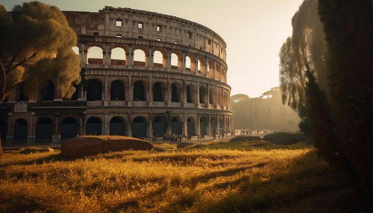 Free Photo ancient architecture ruins majestically in the sunset generated by ai