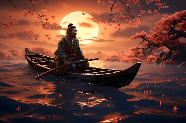 古代アジアの静かなボートシーン