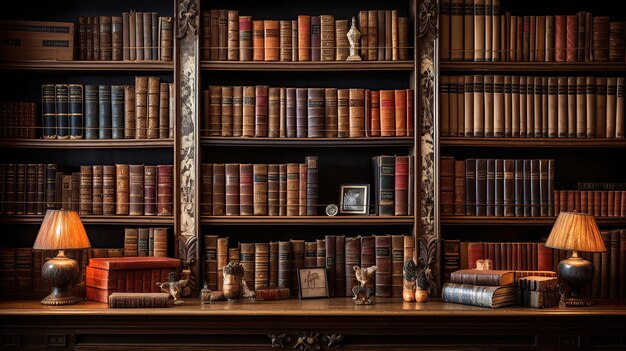 古代 の 書籍 が 図書館 を 飾っ て い ます.古典 書籍 や 珍しい 宝石 で 慎重 に 整理 さ れ て い ます