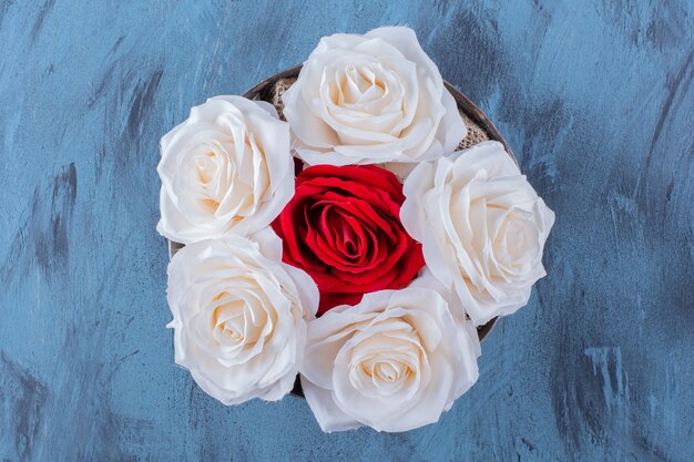 An ancient bowl with white and red beautiful fresh roses