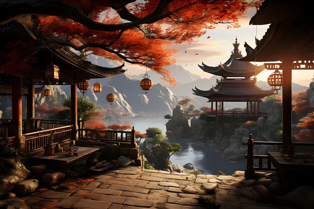 древняя китайская архитектура ландшафтная сцена