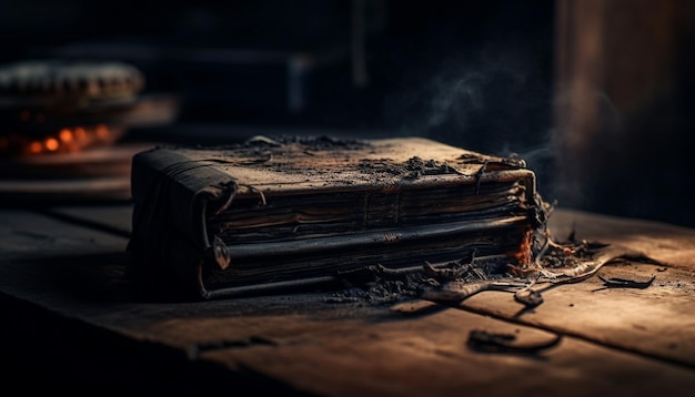 Free photo ancient leather bound book burning in spooky library generated by ai