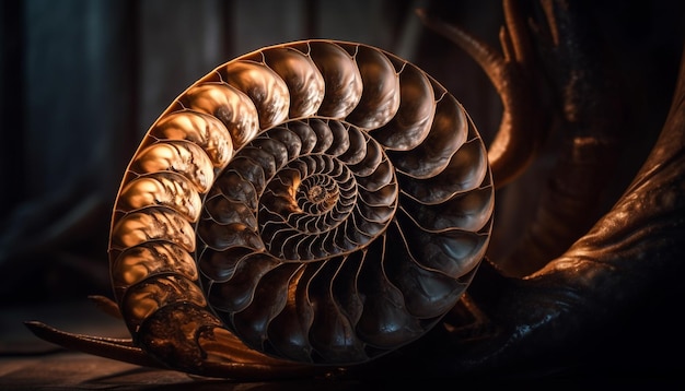 Бесплатное фото Раковина древнего моллюска представляет собой фрактальный спиральный узор, созданный искусственным интеллектом