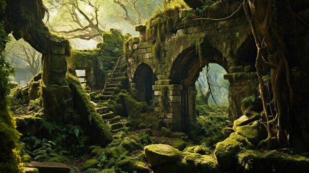 An ancient mosscovered ruin peeking through the thick vegetation