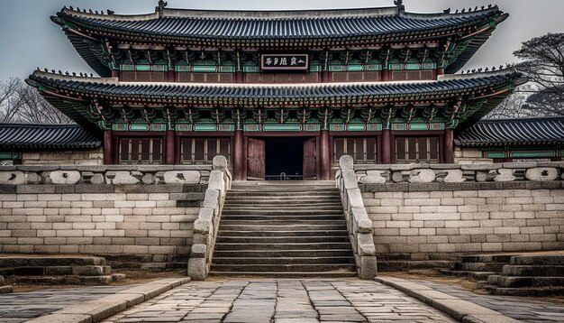 Free photo ancient pagoda roof glows in seoul night generated by ai