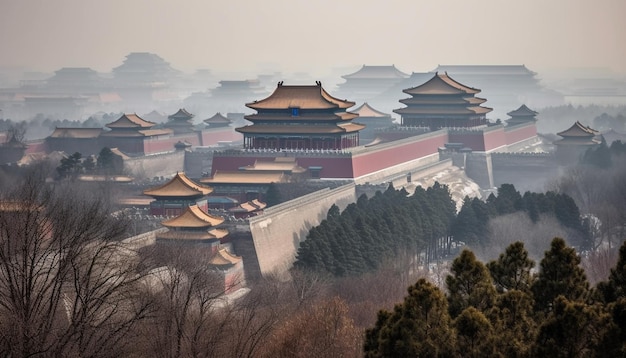 Бесплатное фото Древняя пагода величественно возвышается над пейзажем пекина, созданным искусственным интеллектом